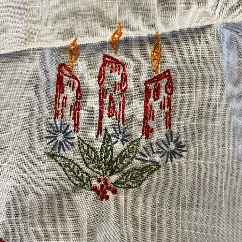 Set 2 Vtg Embroidered Christmas Doily Candle Lace Red White Kitsch Handmade 13